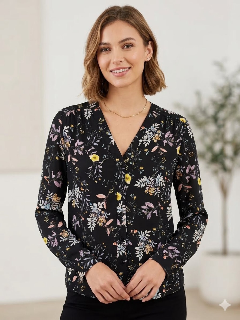 Amour Vert 100% Silk Floral Long Sleeve Blouse V-Neck Size L
